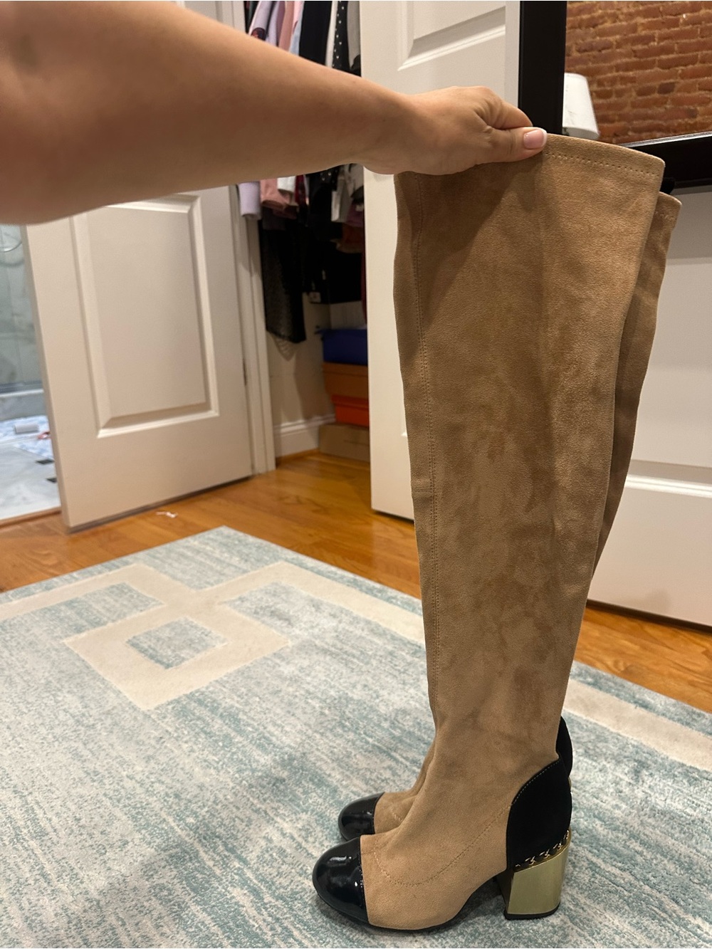 CHANEL Tan Suede Over-the-Knee Boots with Black Accents and Gold Block Heel - Picture 16 of 16
